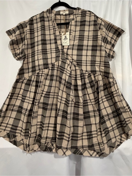 easel Tops - easel Beige & Black Plaid Short-Sleeve Peplum Top NWT